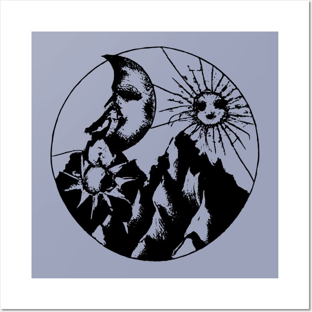 crazy sun eyes and moon and mountains Wall Art by lazykitty